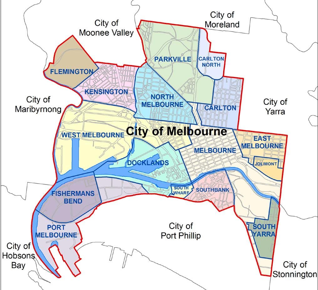 kat jeyografik nan Melbourne ak antoure tout savann pou bèt yo